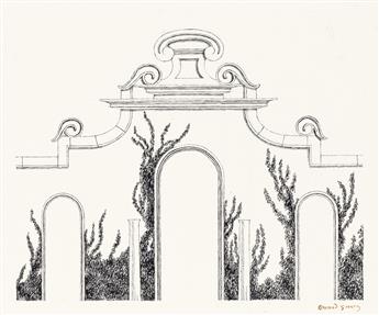 (THEATER.)  EDWARD GOREY. 6 pen and ink set designs of architectural structures